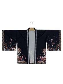 日式稻荷神印花轻质防晒和服开衫，男女通用宽松 3/4 袖休闲披肩领外套，适合春夏季、角色扮演、动漫、节日 - 黑色 - 查看 4