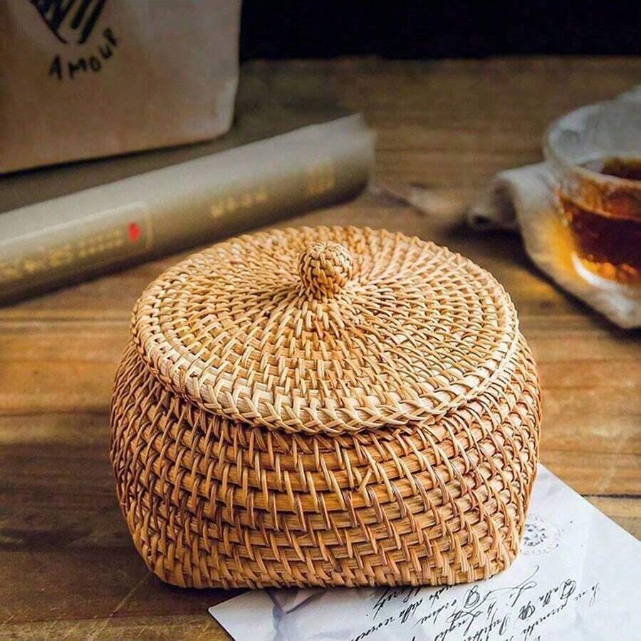 1個手工編織藤編收納盒附蓋,小收納盒,棋子盒,糖果盒,珠寶盒,藤編工藝 - 上圓下方盒子 - 查看 1