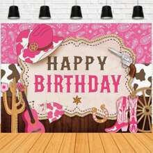 Pink Western Cowboy Theme Happy Birthday Backdrop Fabric Rustic Plank Banner Guitar Cowboy Hat Cowboy Theme Birthday Party Portrait Photography Decoration Banner Vinyl