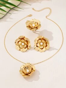 1 Bộ 3 món trang sức vòng cổ, hoa tai, nhẫn phong cách Pháp tối giản mới 2024, thiết kế thanh lịch, thương hiệu nhỏ sang trọng, trang phục hàng ngày cho phụ nữ - hoa nhiều lớp - Xem 17