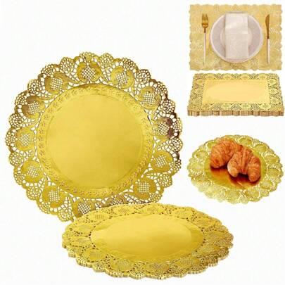 100pcs Golden Paper Placemats Doilies, Paper Pad Doilies Lace, Paper Pad Placemats Doilies - For Dessert Fried Food, Cakes Crafts Wedding Party Table Food Decoration Cake Packaging - Round/Rectangle