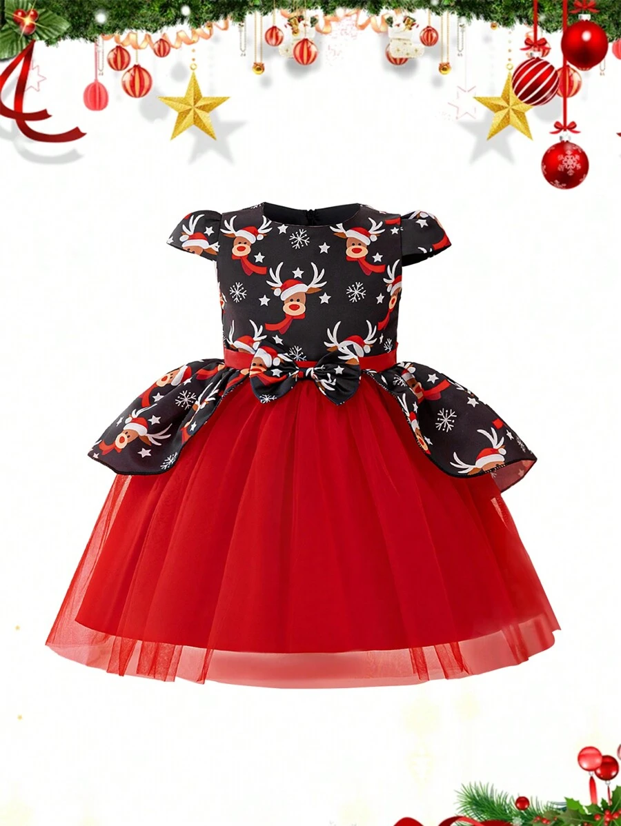 Young Girls Christmas Party Deer Print Mesh Contrast Cap Sleeve A-Line Dress - Red and Black - View 1