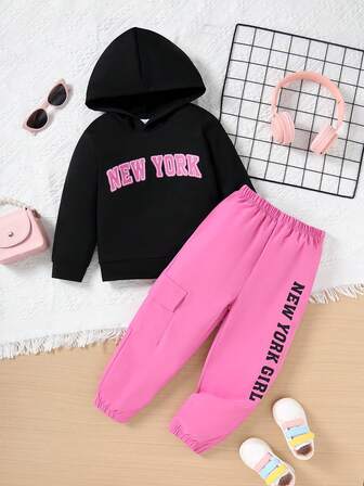 Conjunto de 2 piezas para niñas jóvenes: sudadera con capucha de manga larga con estampado de letra en unicolor y pantalón jogger con bolsillo y estampado de letra, para otoño/invierno