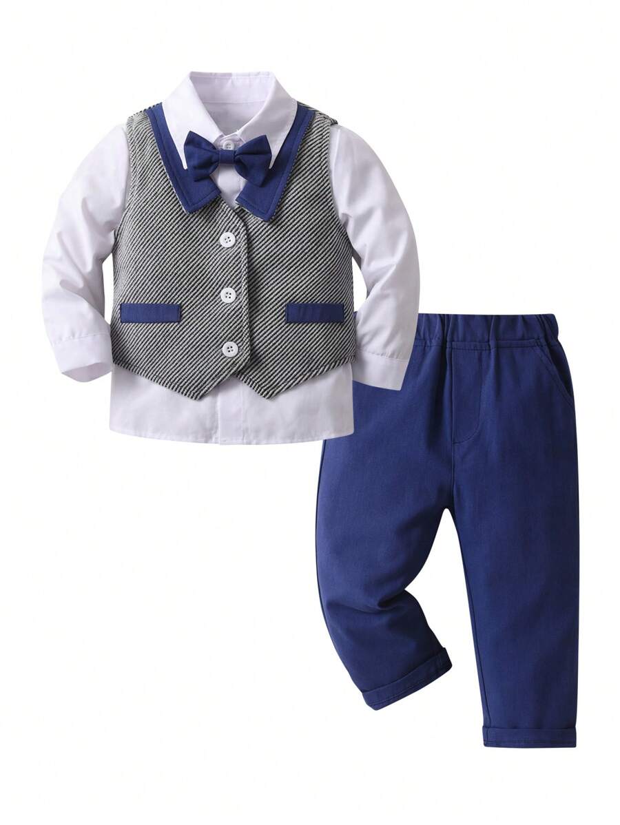 BLUE SAYING 3 pezzi Set Outfit Elegante per Neonato Maschio - Gilet a Righe Blu e Bianche, Pantaloni Blu, Camicia Bianca - Blu e Bianco - Visualizzare 1