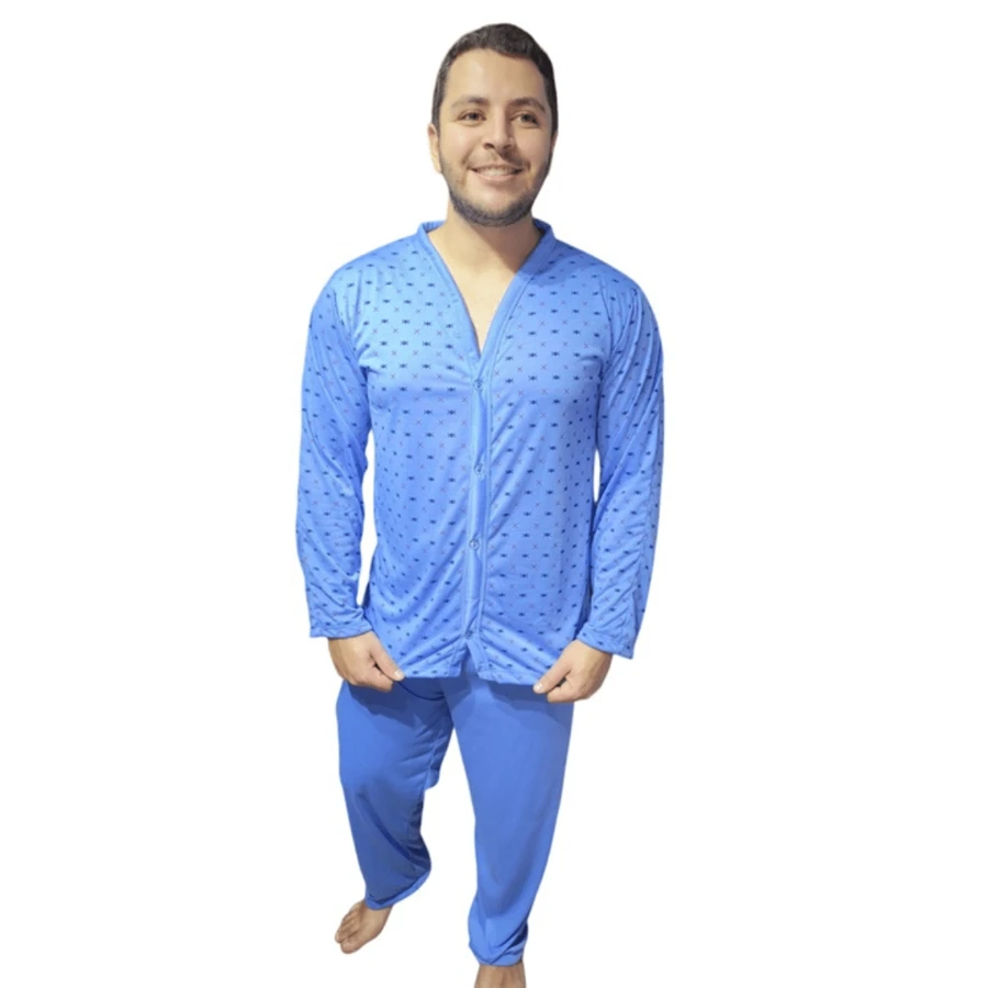 Men's Winter Pajamas Long Sleeve With Buttons And Trousers - Baby Blue - View 1