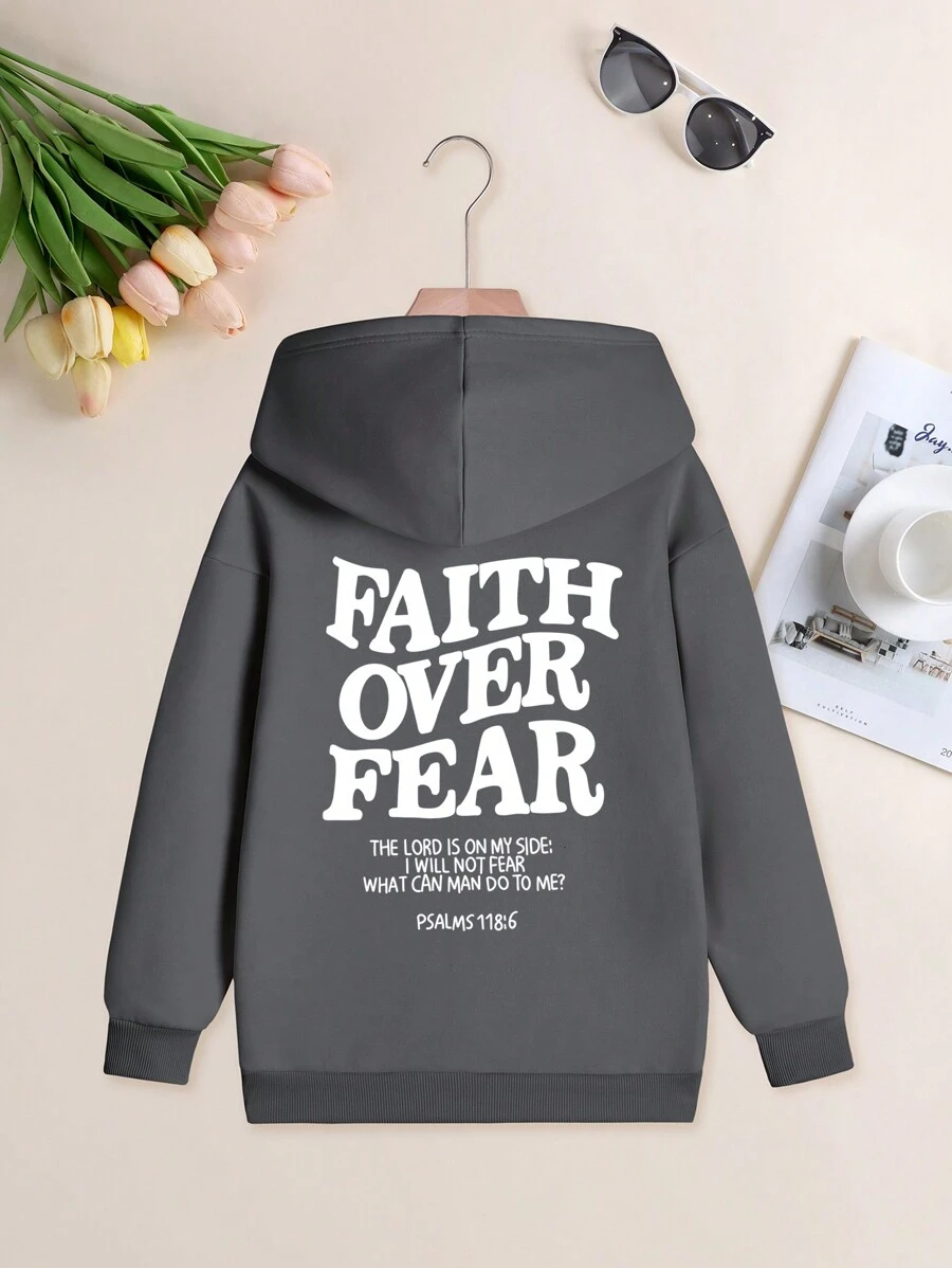 2025 New Girls Casual Printed Sweatshirt, Thick Fleece Fabric, Suitable For Autumn/Winter Students And Tween Girl - "Belief Overcomes Fear" - Designed For Tween Girl Who Love Adventure And Play! - Dark Grey - View 1
