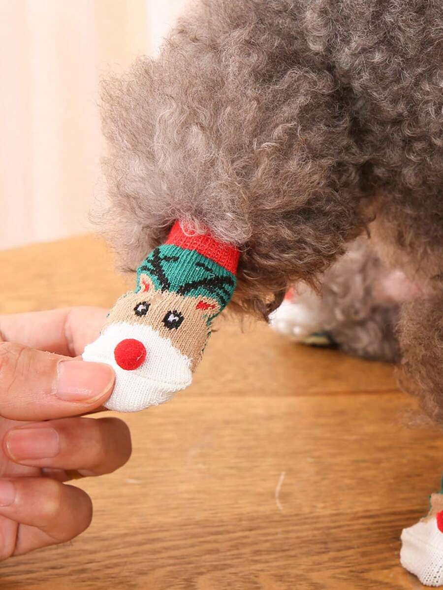 4pcs Pet Christmas Socks For Dogs, Santa Claus Reindeer Snowflake