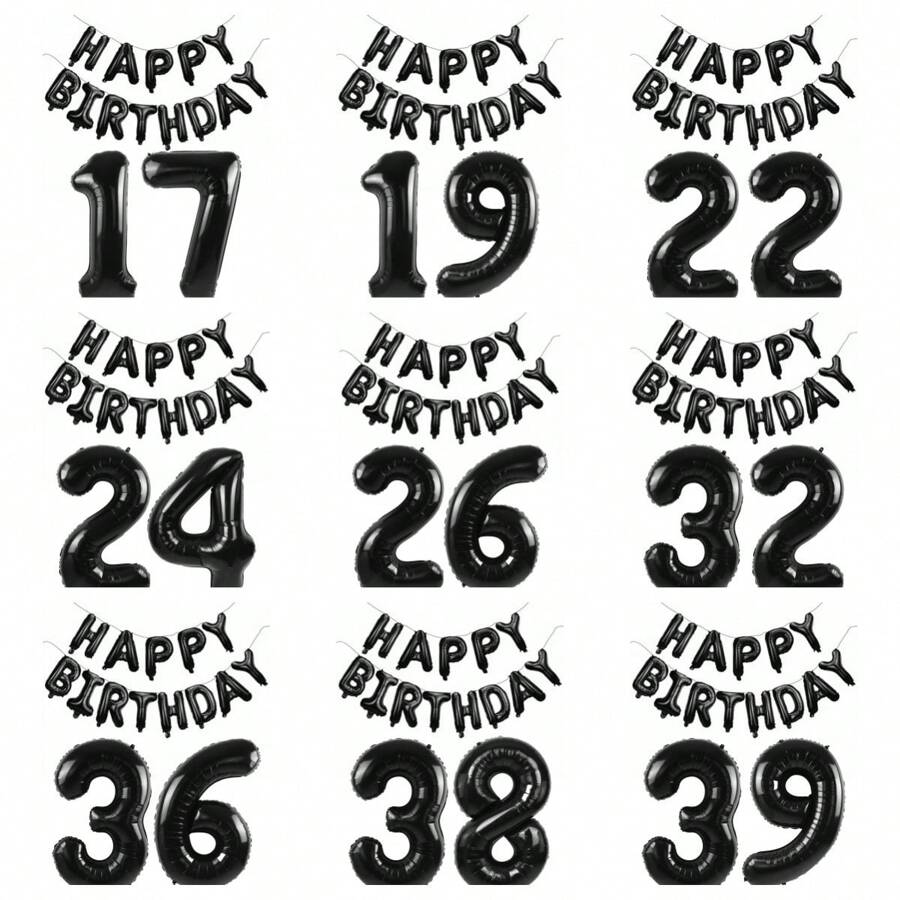 Conjunto de 15 globos negros de "Feliz cumpleaños" de 16 pulgadas, globos de letra de aluminio "Feliz cumpleaños", globos de aluminio números 16, 18, 20, 21, 25, 30, 32, 35, 40, 50, 60 adecuados para decorar fiestas de cumpleaños y crear un ambiente festivo, Navidad - Negro - Ver 1