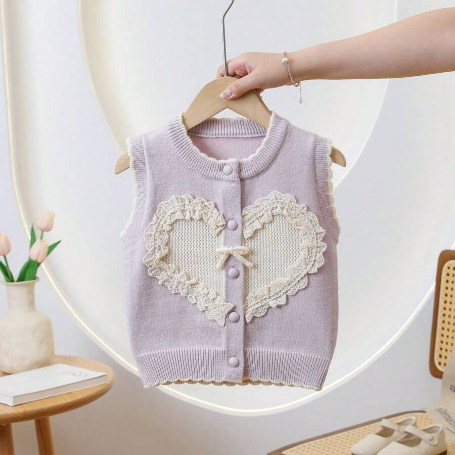 WUHUANG YIYI Girls Cute Casual Applique Lace Trim Heart Pattern Loose Lightweight Round Neck Sweater Cardigan, For Spring Outing - Mauve Purple - View 1