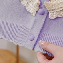 WUHUANG YIYI Girls Cute Casual Applique Lace Trim Heart Pattern Loose Lightweight Round Neck Sweater Cardigan, For Spring Outing - Mauve Purple - View 5