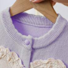 WUHUANG YIYI Girls Cute Casual Applique Lace Trim Heart Pattern Loose Lightweight Round Neck Sweater Cardigan, For Spring Outing - Mauve Purple - View 2