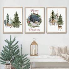 3 件套冬季森林圣诞印刷品、冬季仙境、圣诞快乐、节日快乐、鹿印刷品、节日装饰、圣诞墙画、帆布墙海报、卧室、客厅、走廊装饰 - 彩色 - 查看 1