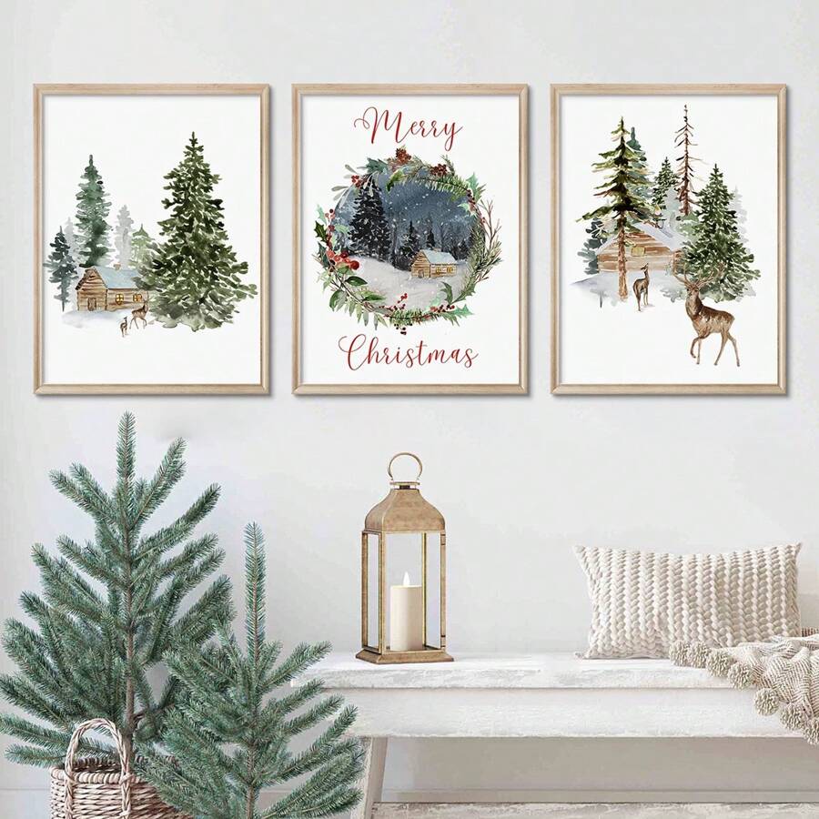 3 件套冬季森林圣诞印刷品、冬季仙境、圣诞快乐、节日快乐、鹿印刷品、节日装饰、圣诞墙画、帆布墙海报、卧室、客厅、走廊装饰 - 彩色 - 查看 1