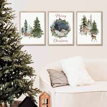 3 件套冬季森林圣诞印刷品、冬季仙境、圣诞快乐、节日快乐、鹿印刷品、节日装饰、圣诞墙画、帆布墙海报、卧室、客厅、走廊装饰 - 彩色 - 查看 10
