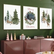 3 件套冬季森林圣诞印刷品、冬季仙境、圣诞快乐、节日快乐、鹿印刷品、节日装饰、圣诞墙画、帆布墙海报、卧室、客厅、走廊装饰 - 彩色 - 查看 8