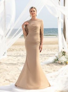 Women' Draped Back Mermaid Hem Formal Mother Of The Bride Dress Elegant Dress - Champagne - View 7