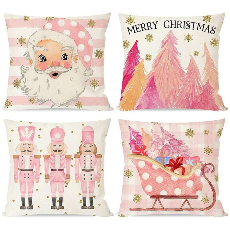 4 PIEZAS Funda de almohada, Árbol Papá Noel Trineo Cascanueces Decoración de vacaciones Decoración de invierno Funda de almohada para sofá Habitación Decoración del hogar, Una sola cara sin núcleo de almohada Decoración navideña Decoración navideña Decoraciones navideñas - Rosa - Ver 1