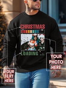 Customized Christmas Graphic & Text Crew Neck Sweatshirt For Men, Personalize With Your Photo/Group Photo/Couple/Couples/Family/Friend/Pet/Landscape, Upload Your Image And Text To Create Your Exclusive Design Printed On The Front - Black - View 1