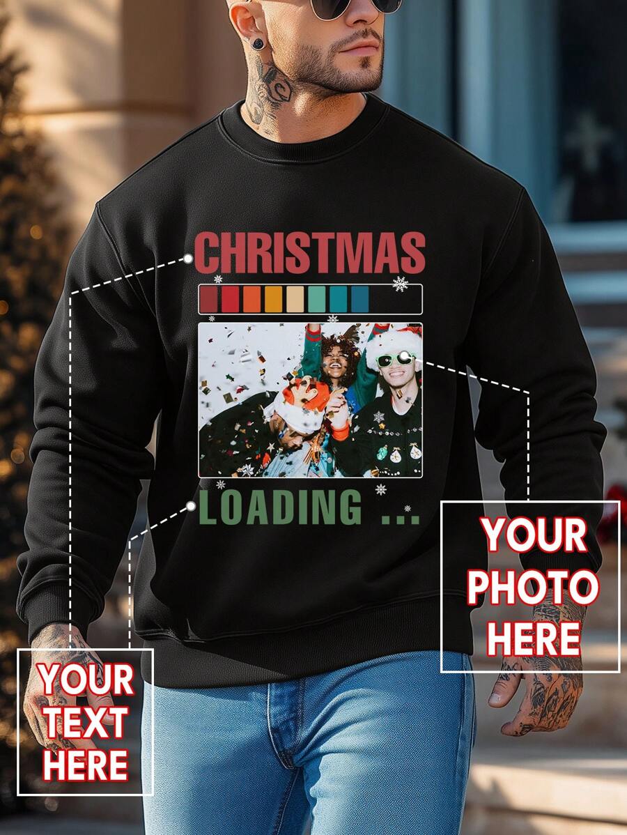 Customized Christmas Graphic & Text Crew Neck Sweatshirt For Men, Personalize With Your Photo/Group Photo/Couple/Couples/Family/Friend/Pet/Landscape, Upload Your Image And Text To Create Your Exclusive Design Printed On The Front - Black - View 1