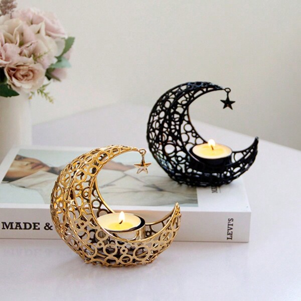 Modern Light Luxury Romantic Wedding Wedding Christmas Holiday Candle Cup, 1 peça de metal Moon and Star Candle Holder, adequado para mesa de jantar, casa, quarto, casamento e decoração de festa de aniversário, presentes