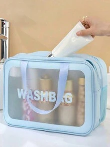 3合1/1双层旅行化妆包，PVC洗漱包，多功能行李包，化妆刷架，化妆品收纳包，干湿分离化妆包，暑假旅行必备，香水盒，数据线包，行李包，手提包，内衣包，返校 - 藍色 - 查看 4