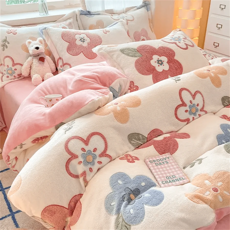 3 件套加厚毛绒羽绒被套，柔软舒适，卡通花卉图案，适用于卧室和客房，1 个羽绒被套，2 个枕套 - 花開富貴 - 查看 1