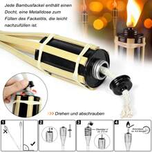 Froadp 12 Pack Outdoor Garden Torches Bamboo With Fuel Wick And Metal Oil Storage Tank Path Oil Lamp For Parties Pathway Lighting (Ø5.5x90cm) - Black - View 3