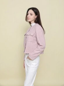 Áo khoác Bomber mềm mại có túi trang trí đơn giản sang trọng - Hồng - Xem 2