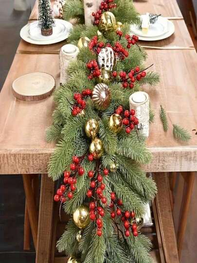 1 peça de agulhas de pinheiro longas de 1,8 m com frutas vermelhas artificiais em rattan, perfeitas para decoração de Natal e Ação de Graças. Acessórios para decoração de casa, sala de estar, quarto, cozinha e jardim. Guirlanda de galhos de azevinho para pendurar na árvore, ideal para presentes de aniversário e Natal. Decoração de quarto para o Natal e o inverno.