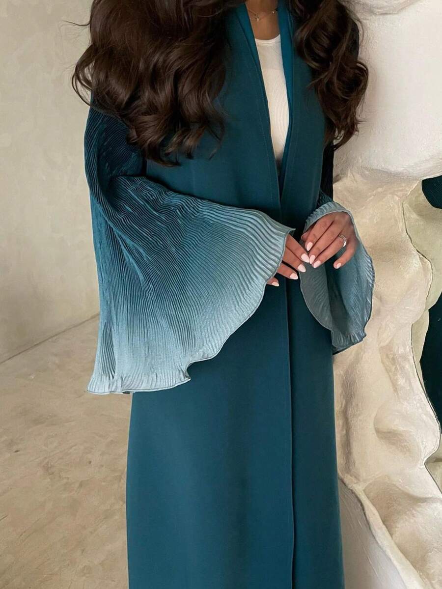 1 pieza Elegante bata con mangas acampanadas y plisadas en degradado, ropa de estilo modesto de Oriente Medio, adecuada para ocasiones diarias y festivas - Verde Oscuro - Ver 1