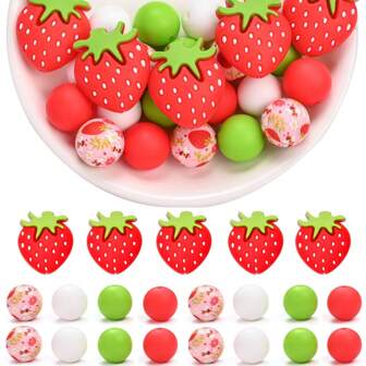 25pcs Silicone Bead Set - Strawberry Theme For DIY Jewelry Making, Necklaces, Bracelets, Keychains & Earrings Craft Supplies