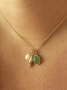 1 件波西米亚风复古优雅玉石贝壳项链，适合休闲和日常通勤佩戴 - 綠色 - 查看 1