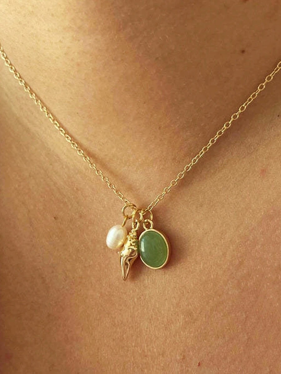 1 件波西米亚风复古优雅玉石贝壳项链，适合休闲和日常通勤佩戴 - 綠色 - 查看 1