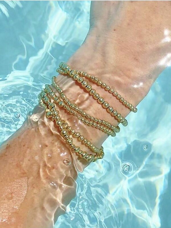 1pc Women's Stylish Stainless Steel Gold Plated Ball Chain Bracelet, Elastic, Daily Wear Jewelry