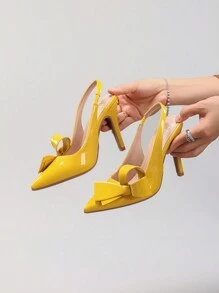 2025秋冬新款女士蝴蝶结装饰尖头高跟鞋，亮面PU皮革优雅性感派对凉鞋，优雅女士高跟鞋