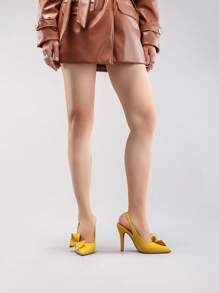 2025秋冬新款女士蝴蝶结装饰尖头高跟鞋，亮面PU皮革优雅性感派对凉鞋，优雅女士高跟鞋