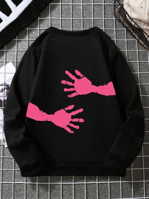 SUPSHUSY Hug Letter Printed Sweatshirt, Pink Love Printed Pattern Pullover, Women's Round Neck Black Jacket, Long-Sleeved Top, Suitable For Autumn And Winter Daily Leisure, Outdoor, Running And Fitness