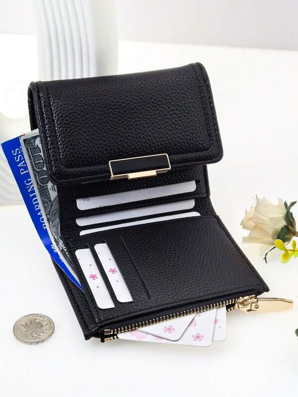 Women Short Wallet Soft PU Black 1pc Folding Multi-Function Large Capacity ID Card Holder Zipper Coin Pouch Lightweight Suitable As Wallet For Cards Card Holder Gifts For Women Wallet Purse Wallet