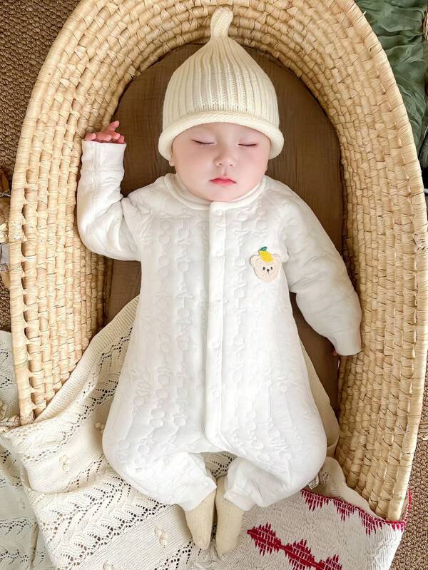 YOUQi Vêtements de bébé nouveau-né à ouverture frontale en molleton épais, barboteuse unisexe à motif ours en polaire blanche pure texturée, vêtement de mode pour les 100 jours/1er anniversaire, impression de dessin animé super mignon, une pièce, automne/hiver