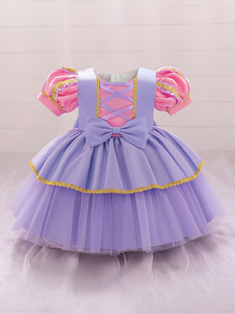 Vestido elegante de princesa para niñas bebé con mangas abullonadas, bordado y malla, adecuado para fiestas de cosplay - Púrpura malva - Añade 2