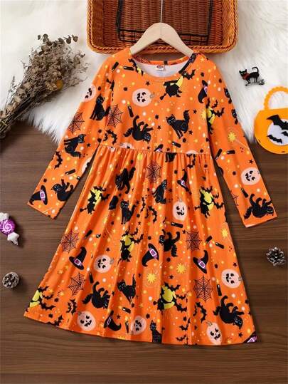 Young Girl Halloween Cat & Bat All-Over Print Party Holiday Gift Long Sleeve Sweet Fashion Dress, Autumn/Winter