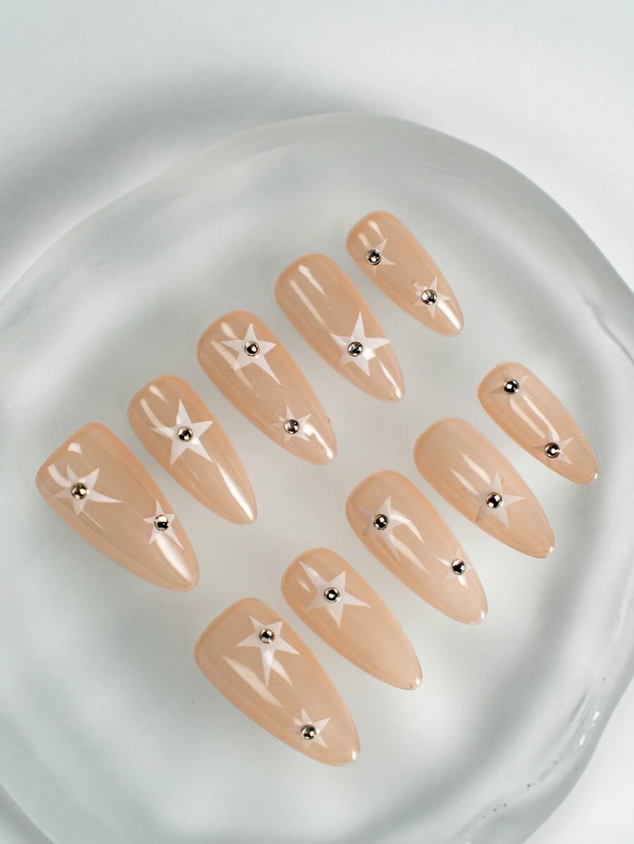 优雅魅力 10 件手工按压指甲短杏仁形按压指甲套装星光闪耀人造指甲全覆盖假指甲套装 & 1 件迷你指甲锉 & 1 片粘性标签适合女性女孩日常佩戴 - 彩色 - 查看 1