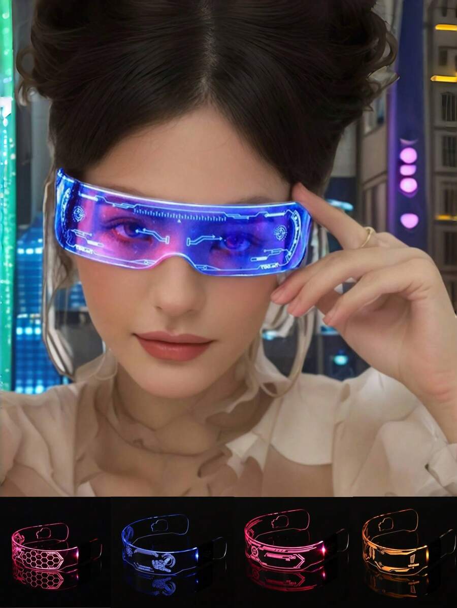 sharif 1 副彩色 LED 照明赛博朋克风格时尚眼镜，狂欢派对酒吧迪斯科氛围，发光派对眼镜，节日 LED 闪光眼镜，夜总会狂欢设备，生日派对装饰海滩配饰女士眼镜遮阳镜，适合夏季海滩度假、户外、旅行 - 彩色 - 查看 1