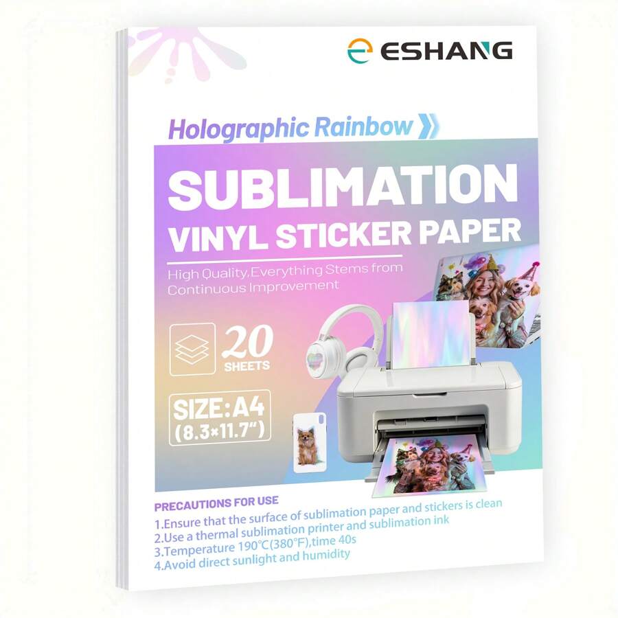 Tamaño: A4 (210 * 297 mm) 20 hojas de papel de pegatina de vinilo de sublimación arcoíris holográfico resistente al agua para impresora de sublimación y tinta a chorro. Papel de transferencia de calor de 8.3" X 11.7" para superficies sólidas lisas - Arcoíris - Ver 1