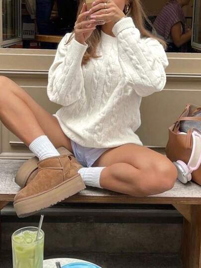 FOR BEAUTY Spring/Autumn New Solid Color Simple Round Neck Twisted Long-Sleeved Knit Sweater Women Tops J Fashion Fashion Drop-Shoulder Sweater Jumpers For Women Back To School Fall Clothes