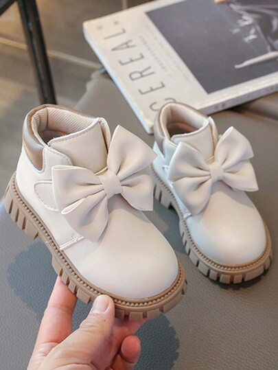 1 Pair Children Fashion Boots, Girls Bow Decor Small White Boots, Indoor Outdoor Casual Boots, School Style, Party Dress, Princess Shoes
