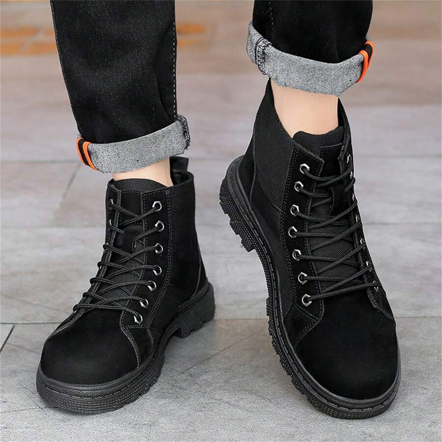 Men's Thick Sole Boots With Side Zipper, Casual Motorcycle MidTop