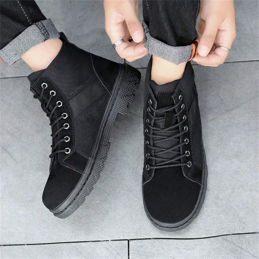 Men's Thick Sole Boots With Side Zipper, Casual Motorcycle MidTop