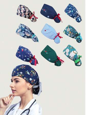 Scrub Caps Women Nursing Hats With Buttons Adjustable Bouffant Nurse Ponytail Holder Turban Patterns
