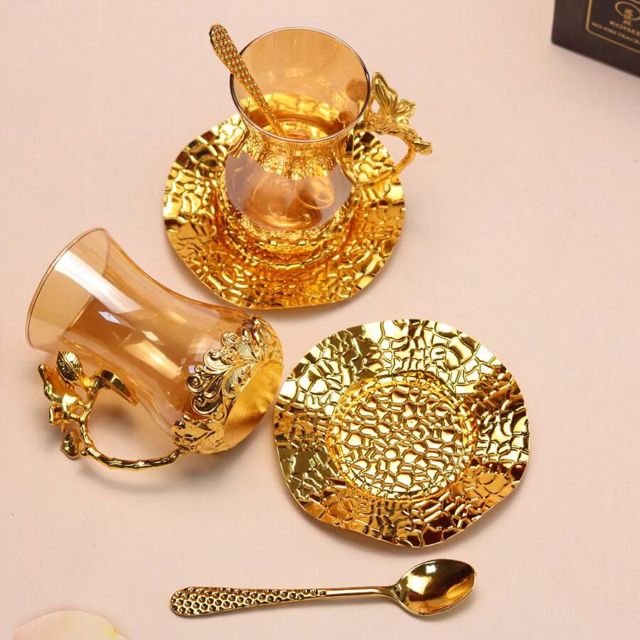 2pcs/Set Gold Colored Cup & Saucer Combination Glass Cup With Waist Design, Practical For Coffee, Tea, Multi-Scene Use - Gold - View 1